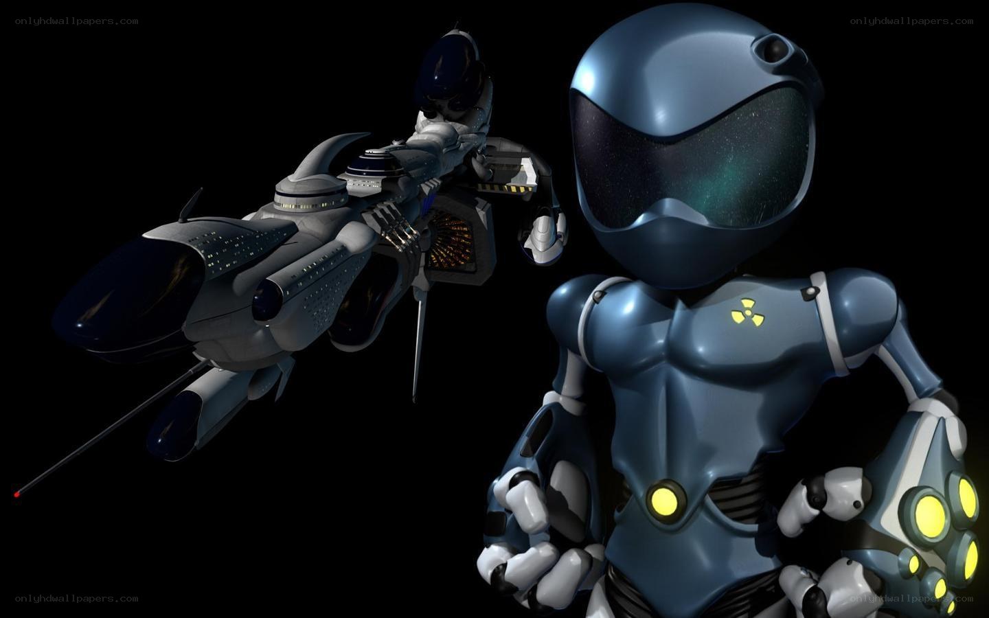 robot with weapon in space
