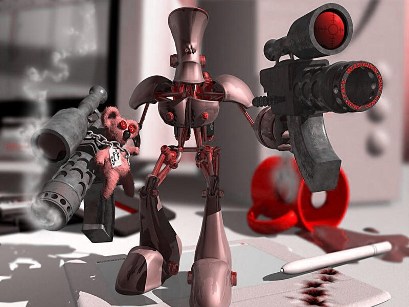 robot with weapons and teddy bear