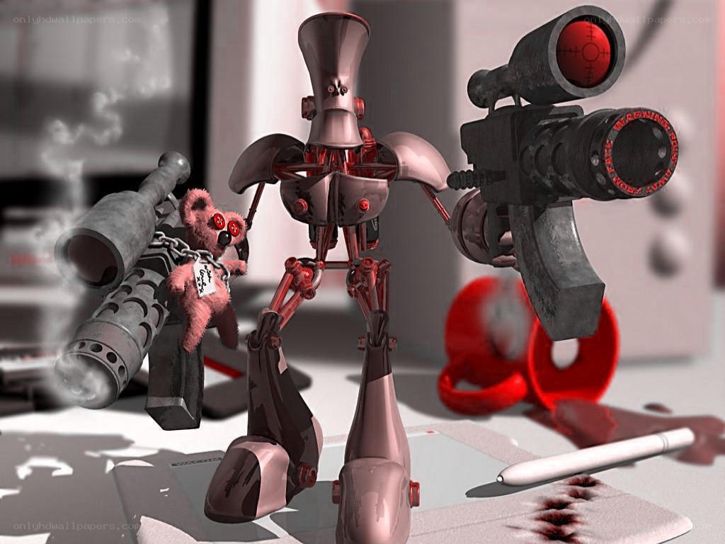 robot with weapons and teddy bear