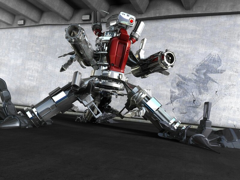 robot with weapons in concrete tunnel