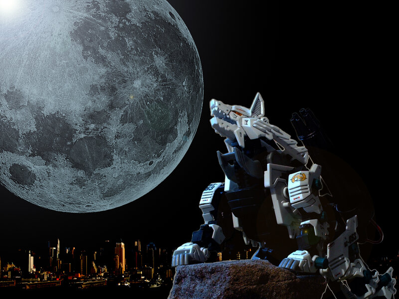 robot wolf on moonlit city