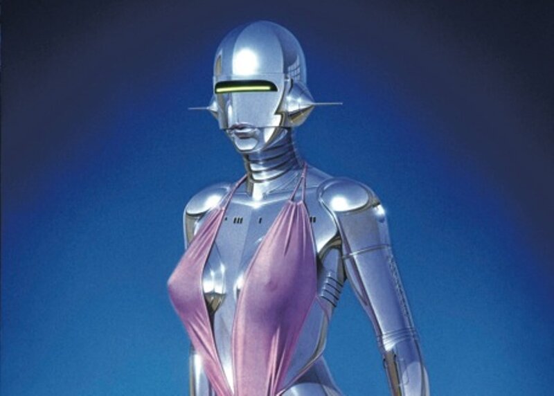 robot woman in purple fabric