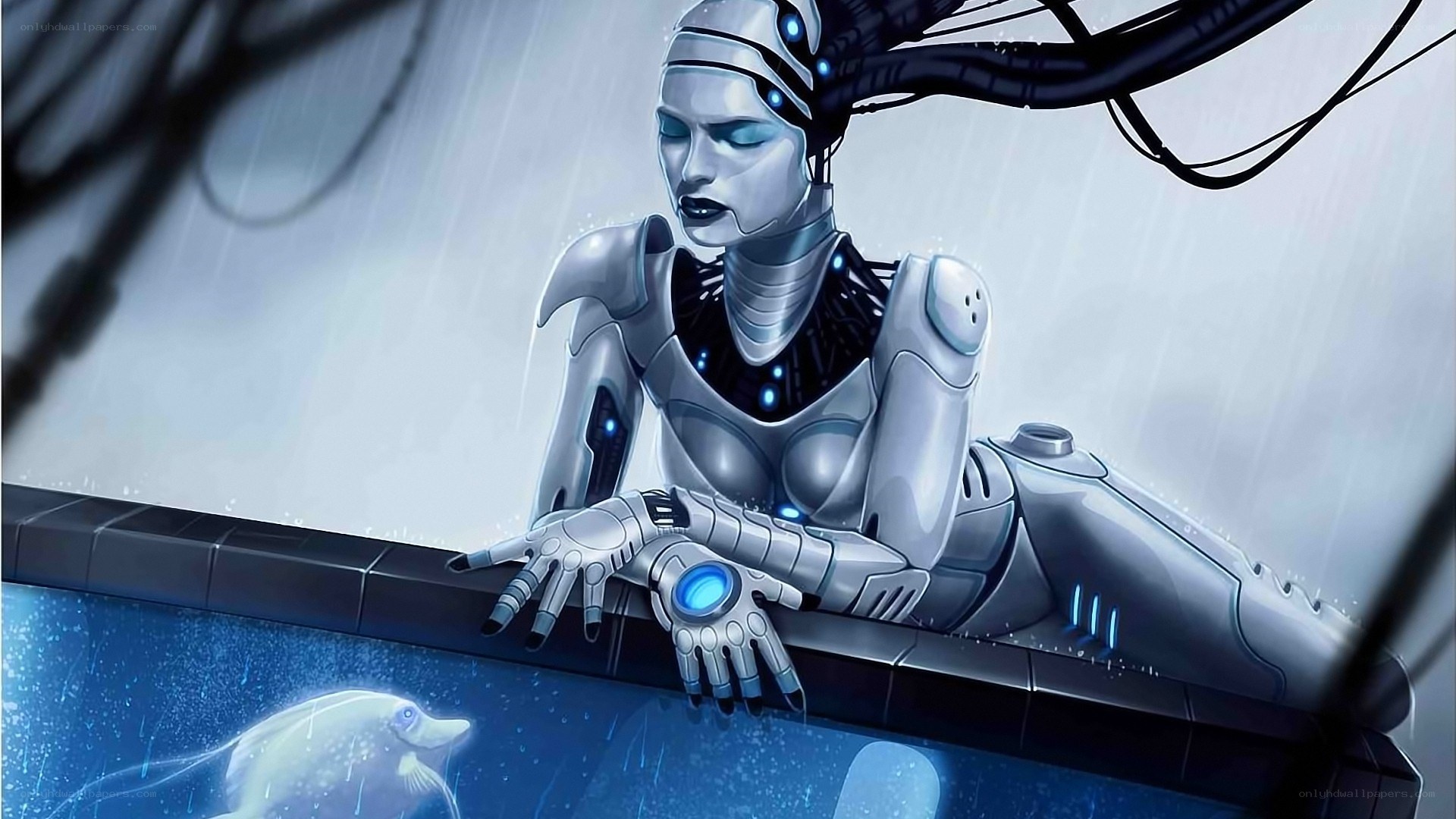 robot woman in rain