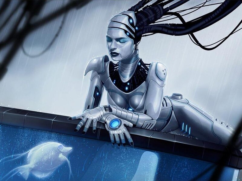 robot woman in rain