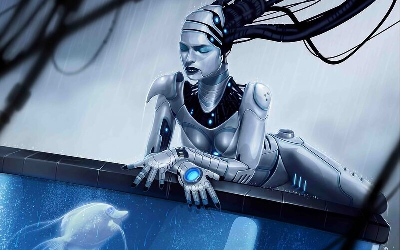 Robot Woman in Rain — Blue