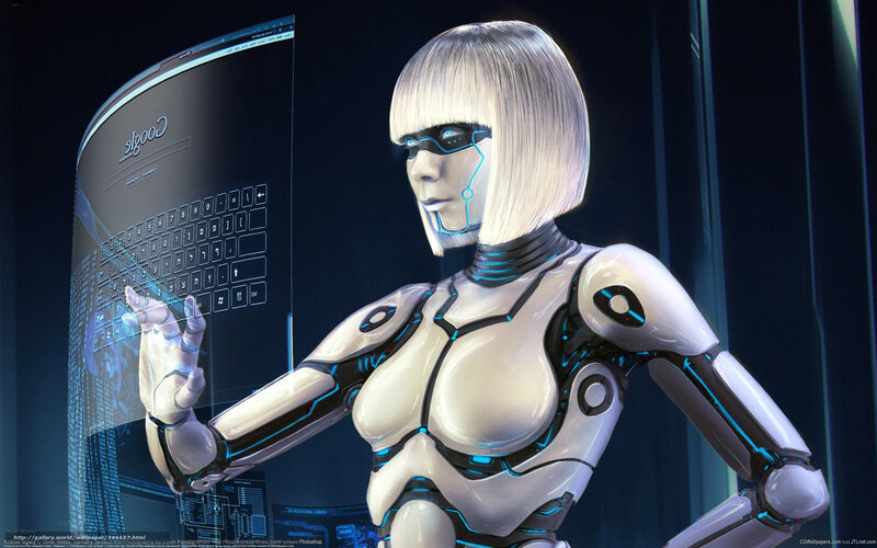 robot woman using holographic interface