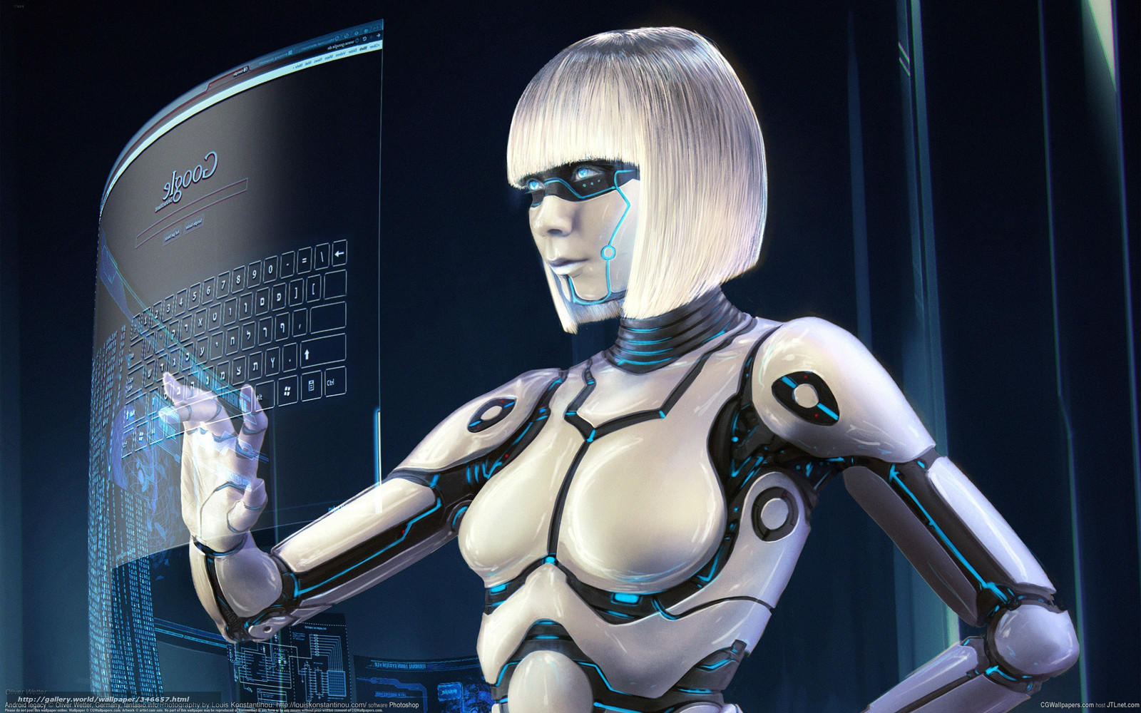 robot woman using holographic interface