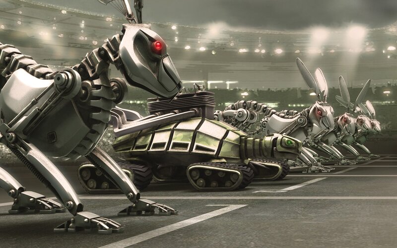 robotic animals in a stadium