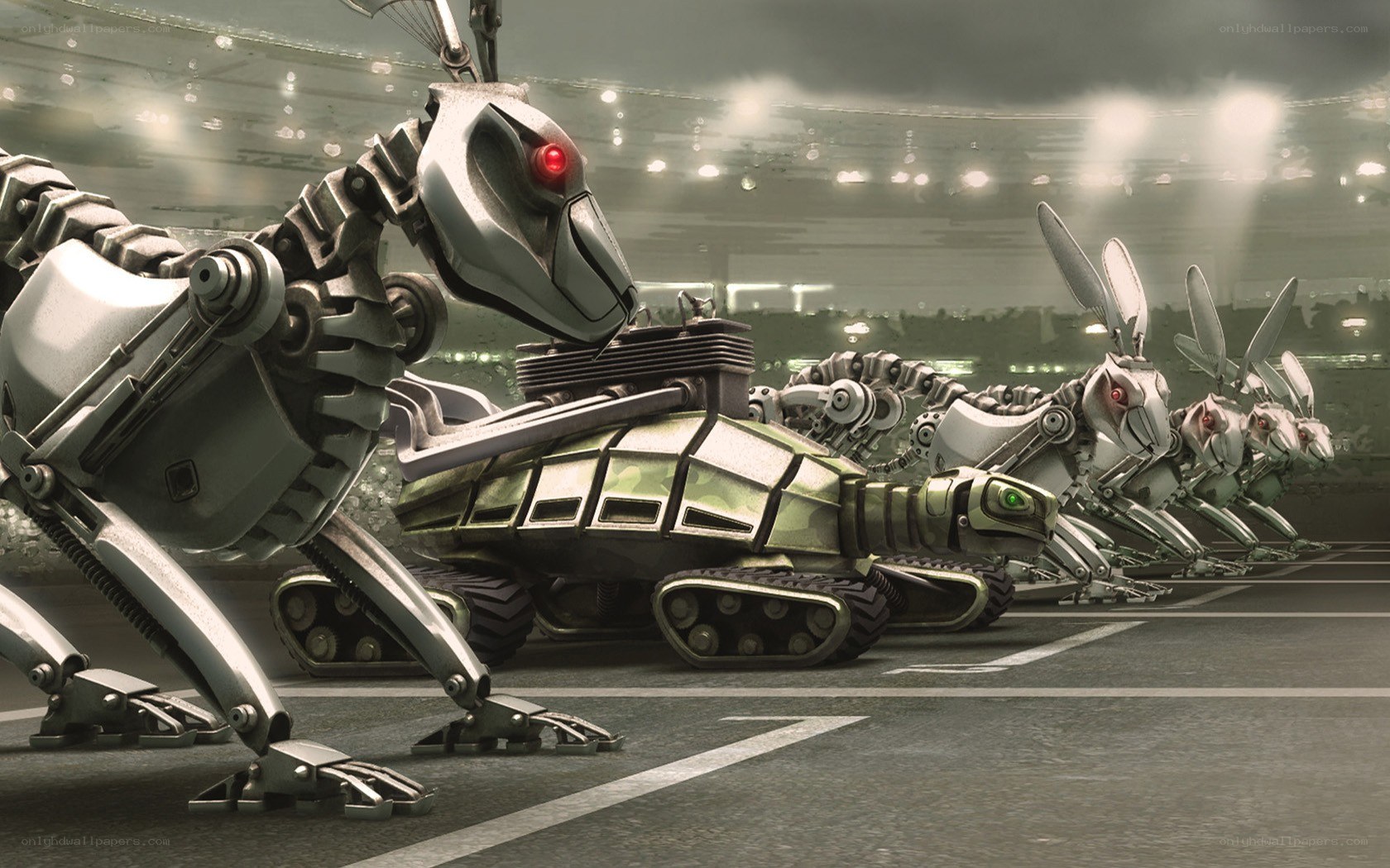 robotic animals in a stadium