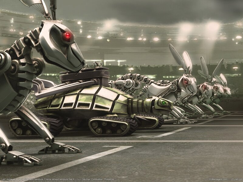 robotic animals in a stadium
