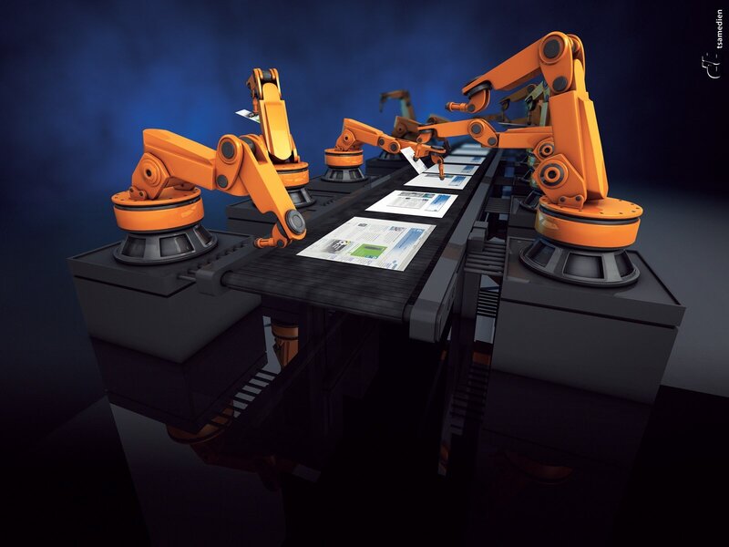 Robotic arms on conveyor line