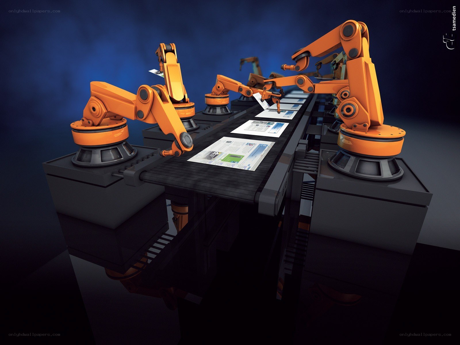 Robotic arms on conveyor line