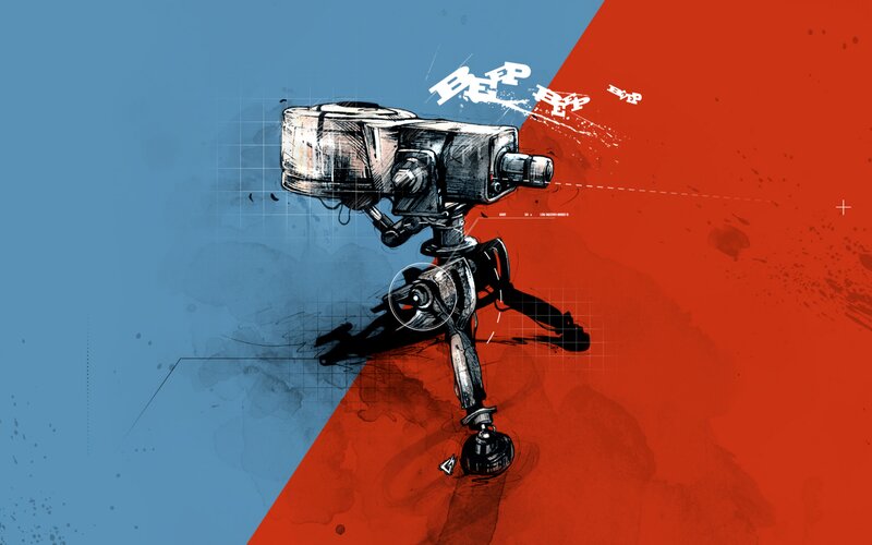 Robotic Camera on Tripod — Blue, Dramatic