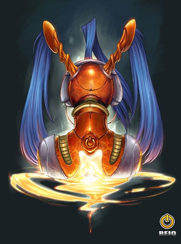 robotic character with blue hair