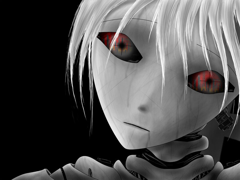 Robotic Character with Red Eyes