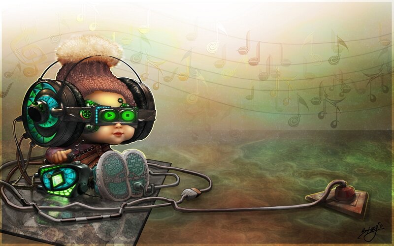 robotic child with headphones