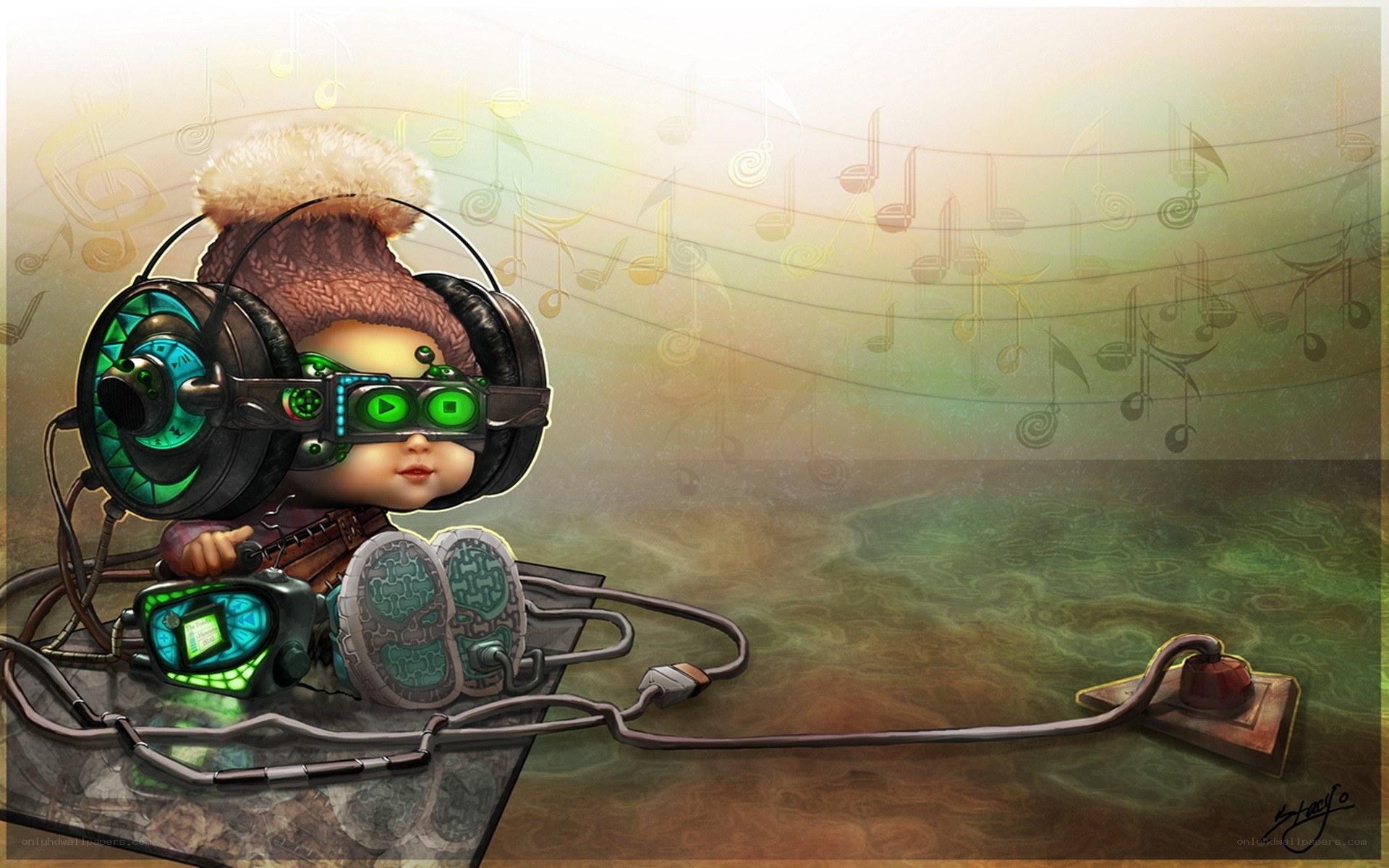 robotic child with headphones