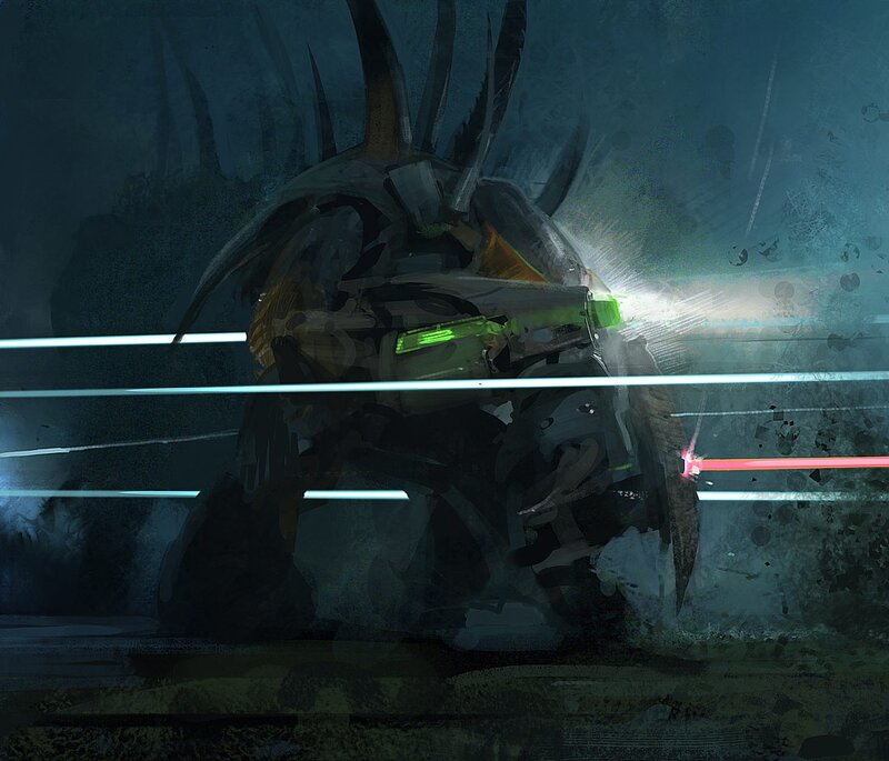 robotic creature in dark arena