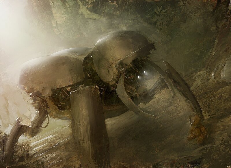 robotic creature in misty forest