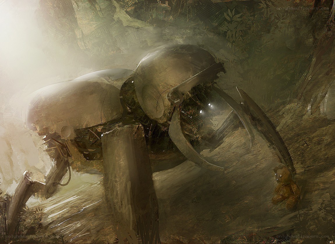 robotic creature in misty forest