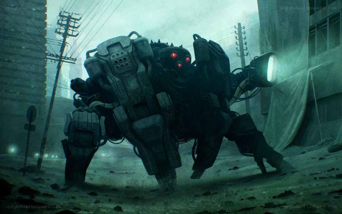 robotic creature in ruined city