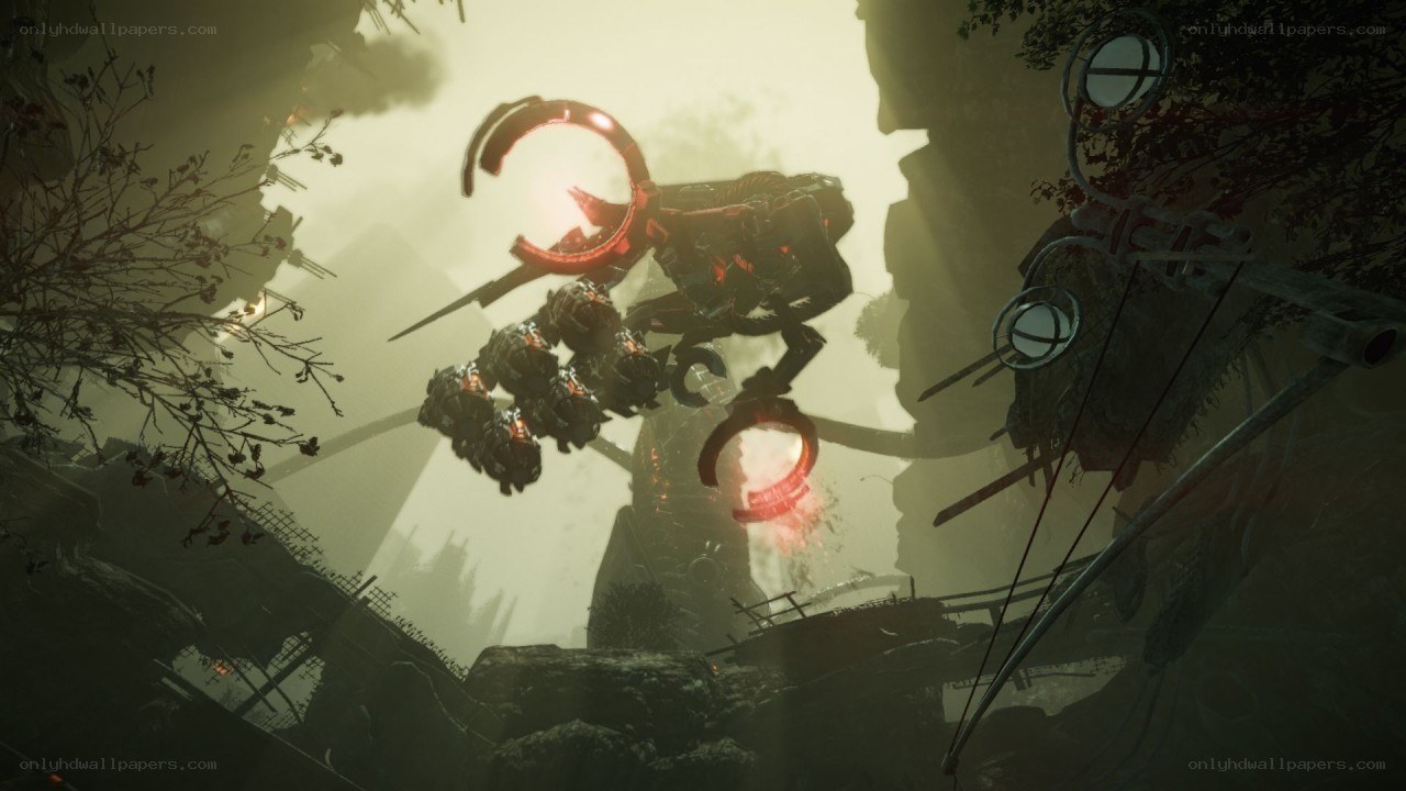 robotic creature in ruined landscape