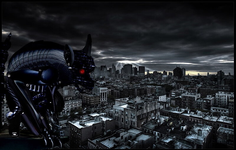 robotic creature over cityscape