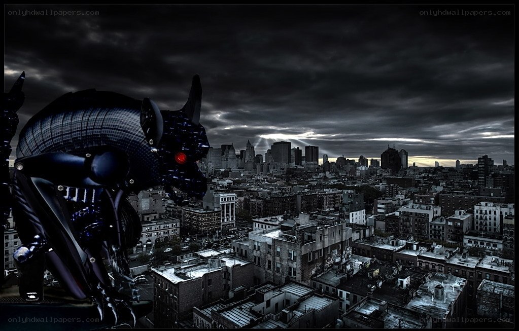 robotic creature over cityscape