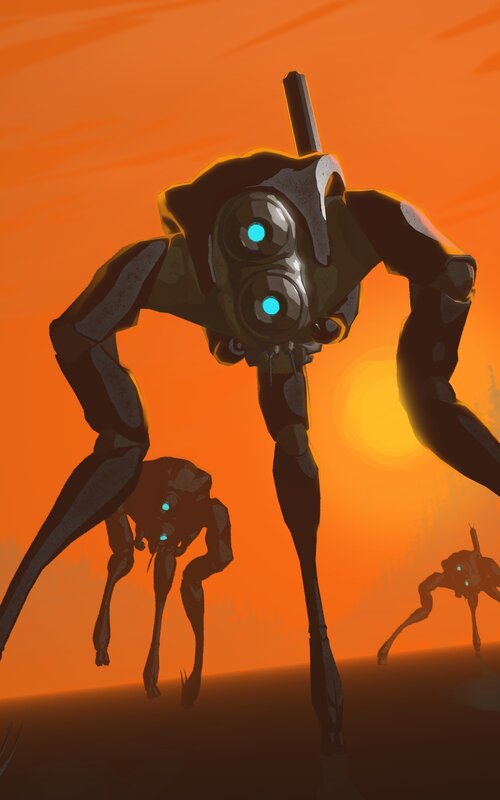 robotic creatures at sunset