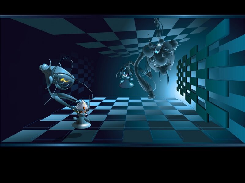 robotic creatures in a checkered room