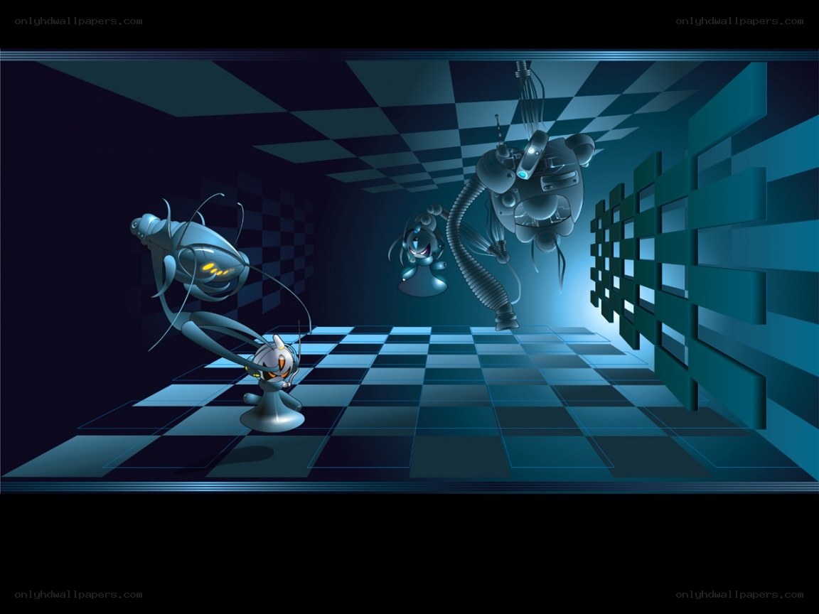 robotic creatures in a checkered room