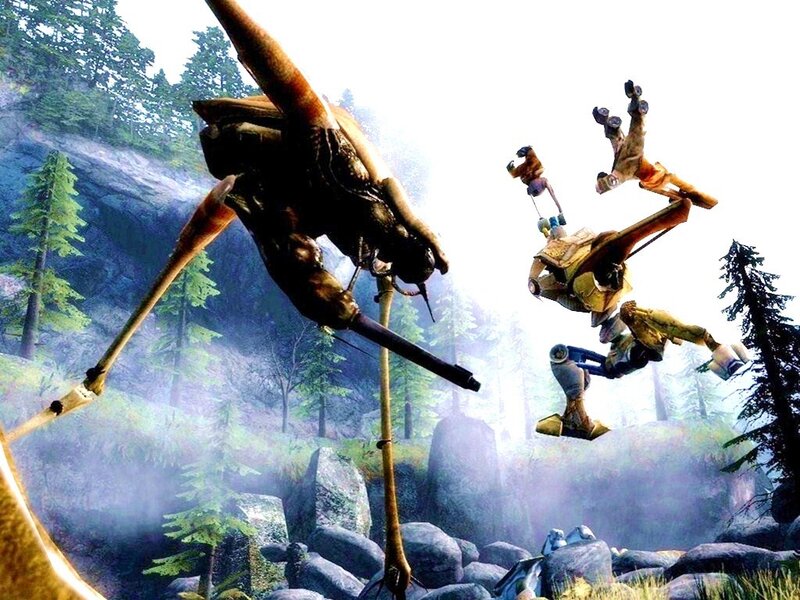 robotic creatures in forest battle