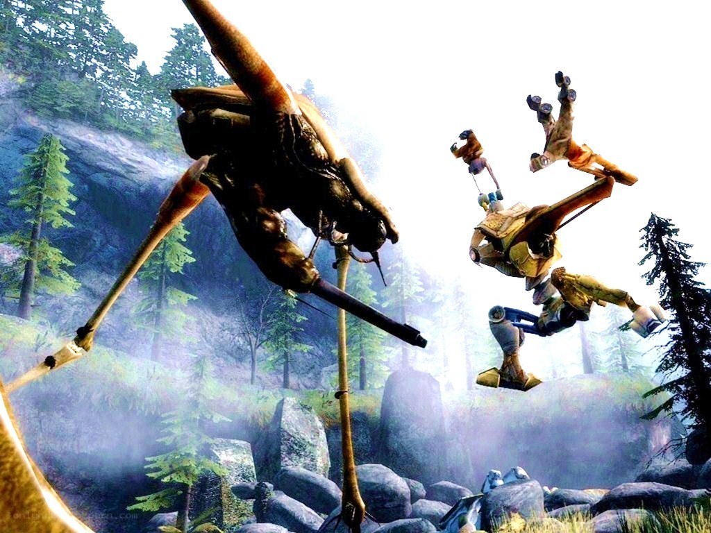 robotic creatures in forest battle