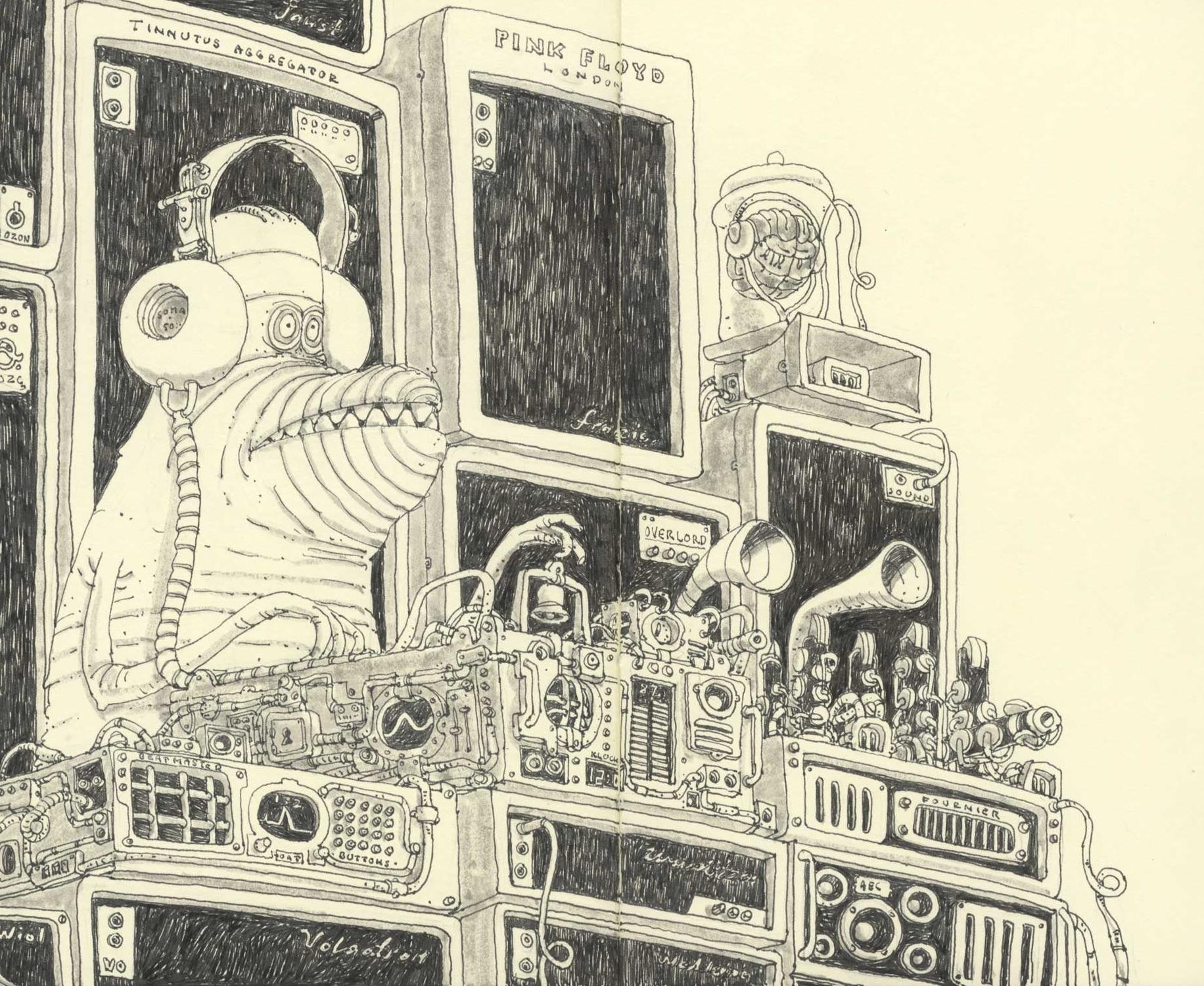 robotic creatures with audio equipment