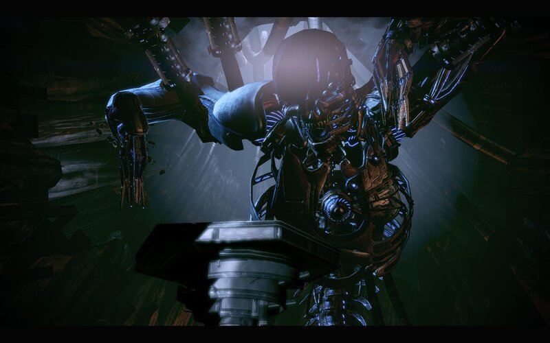 robotic enemy in dark corridor
