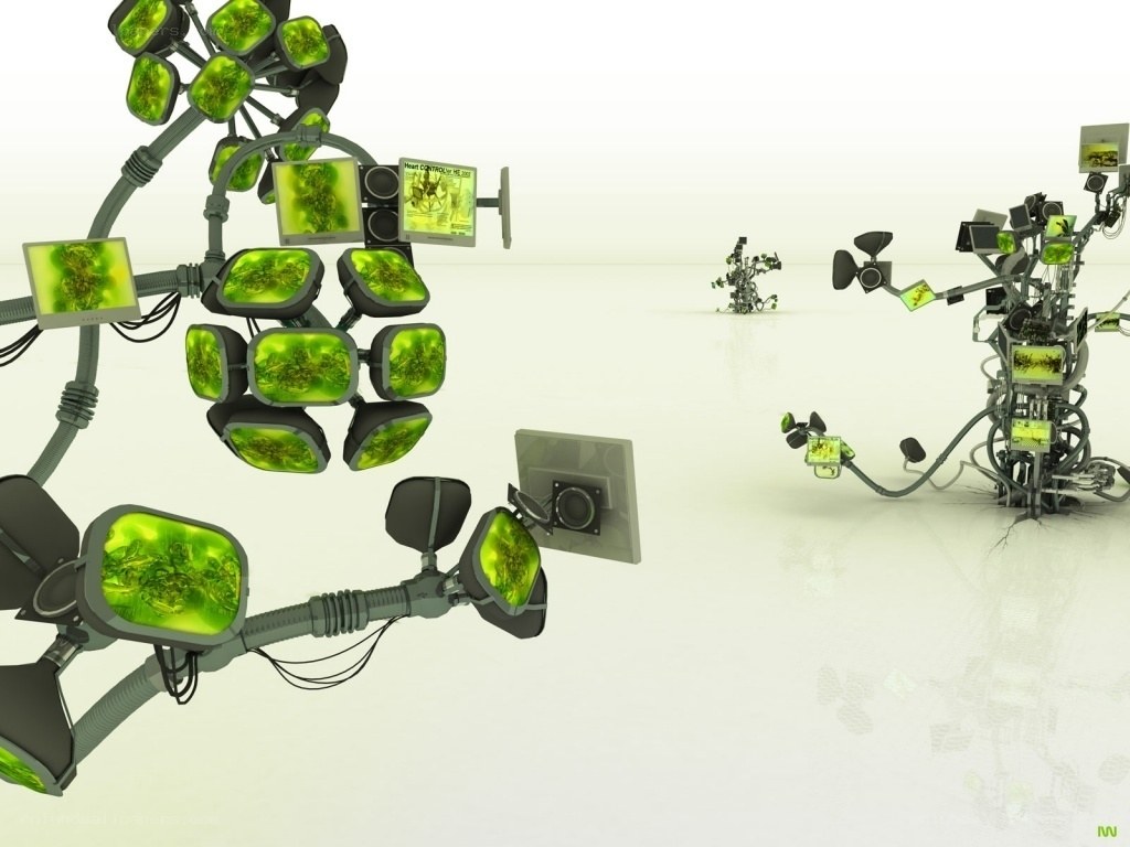 robotic entities with green screens