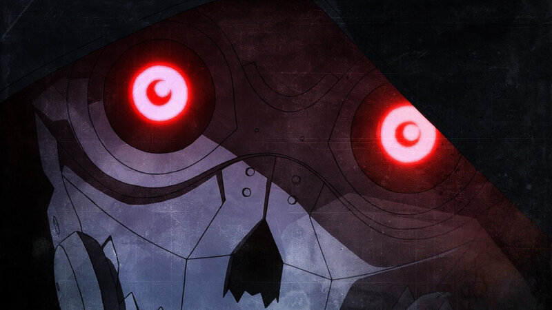 Robotic Face with Glowing Eyes — Black, Dramatic