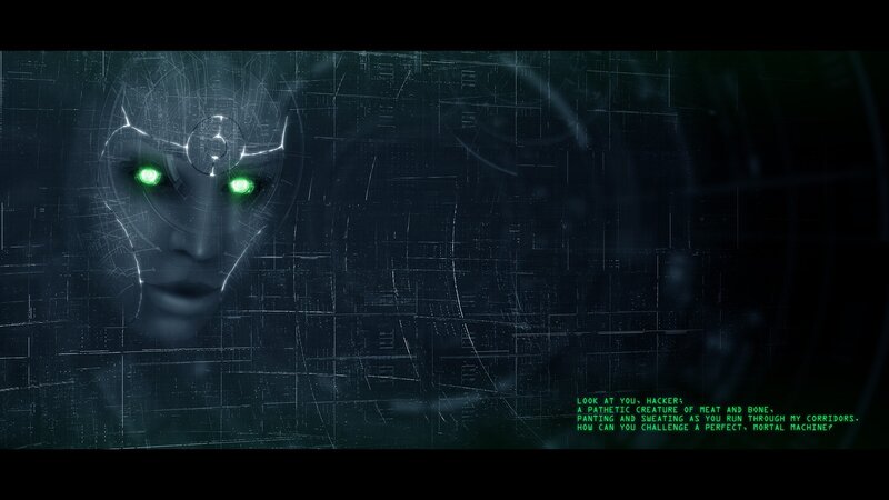 Robotic Face with Green Eyes