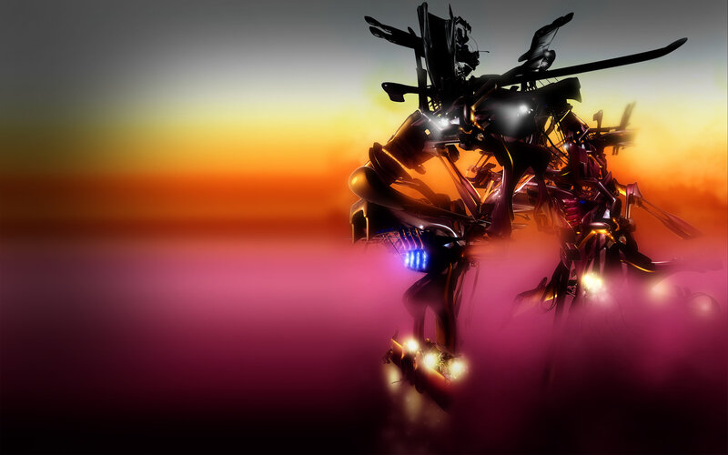 robotic figure at sunset