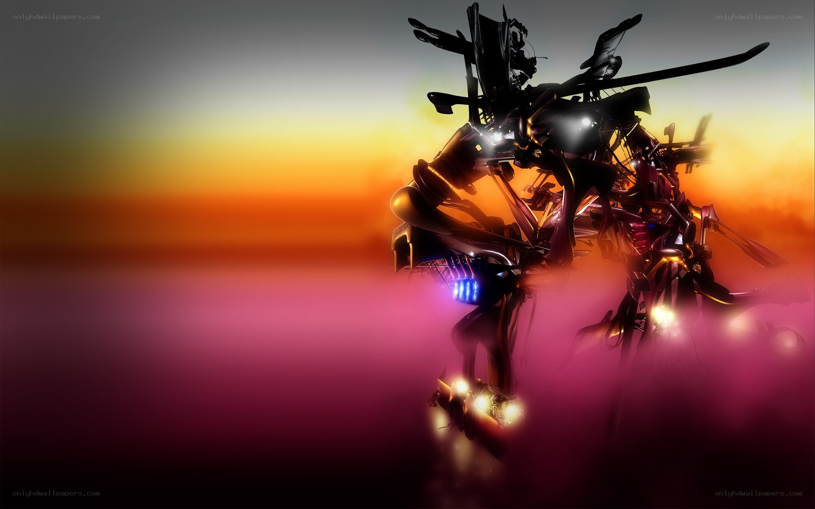 robotic figure at sunset