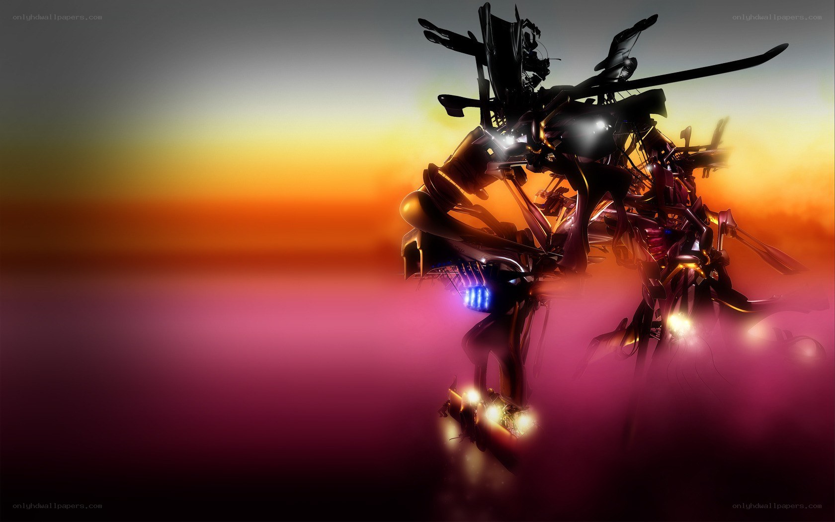 robotic figure at sunset