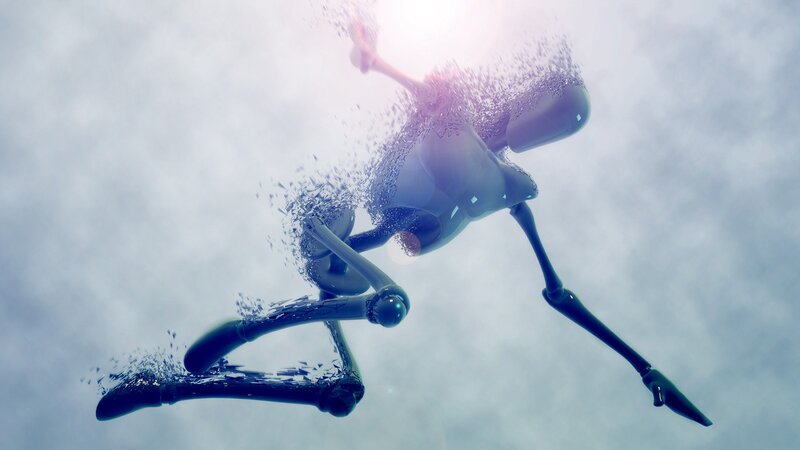 Robotic Figure Disintegrating — Blue, Dramatic, 3d Render