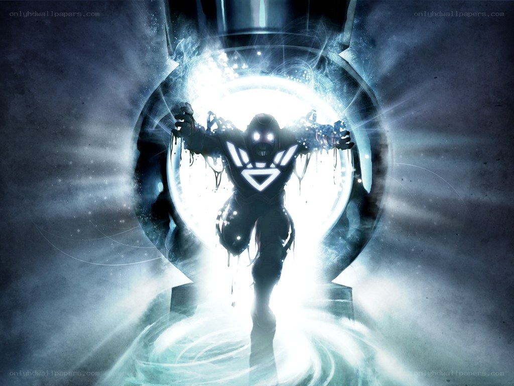 robotic figure emerging from portal