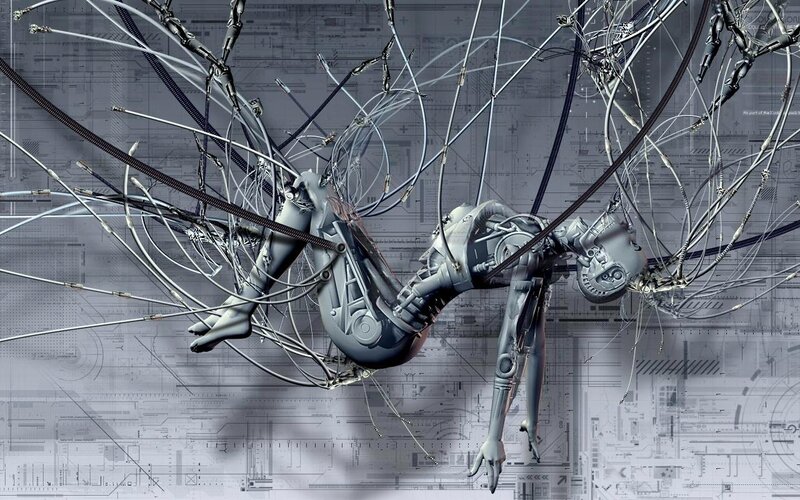 robotic figure entangled in wires