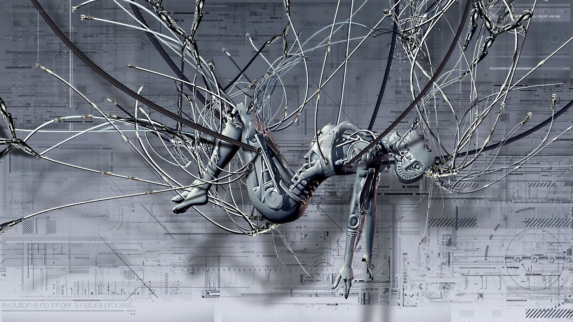 robotic figure entangled in wires