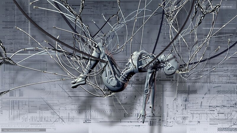 robotic figure entangled in wires