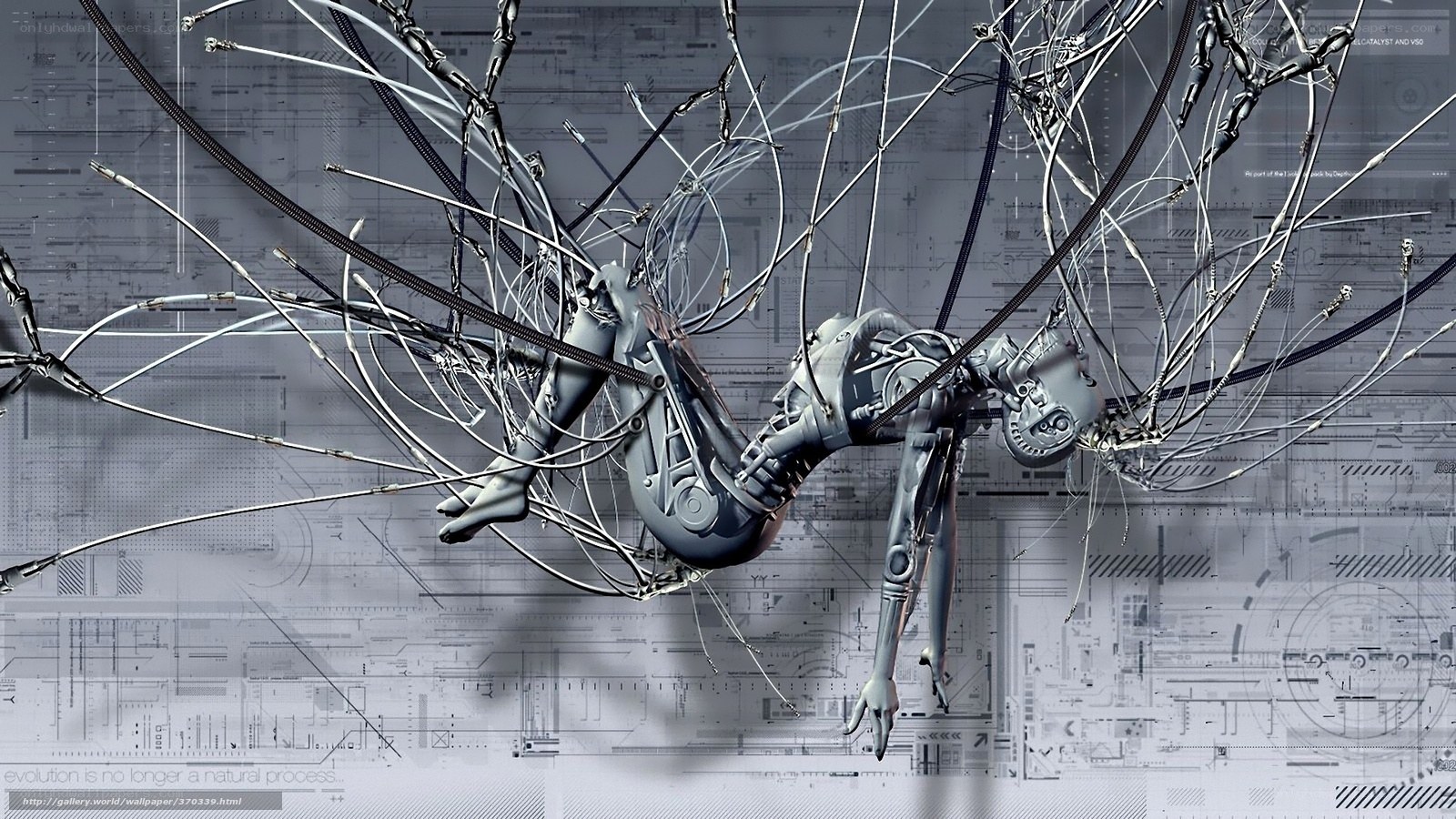 robotic figure entangled in wires