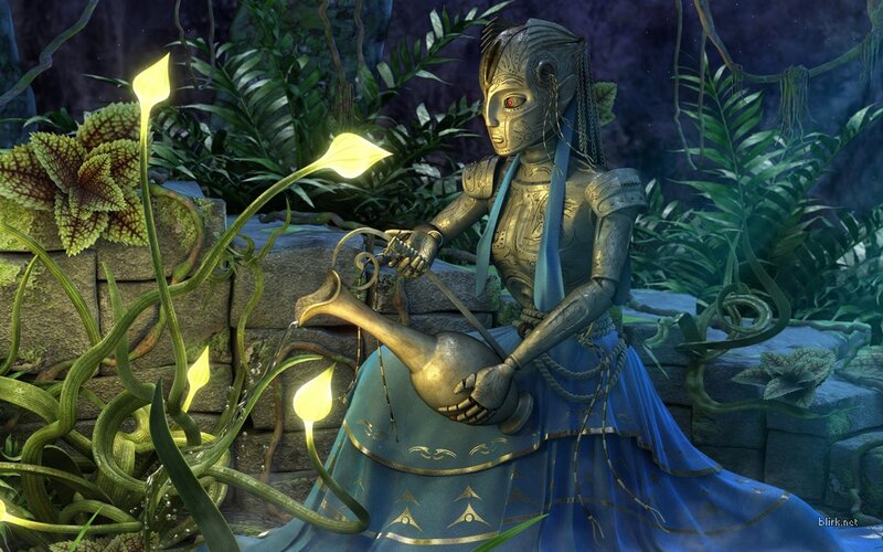 robotic figure in a garden