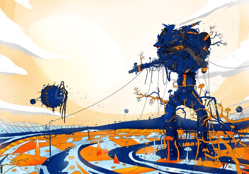 robotic figure in alien landscape