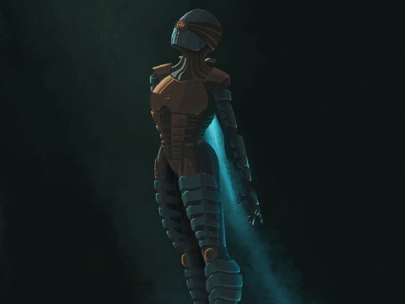 Robotic Figure in Armor — Black, Dramatic, Night, Digital Art